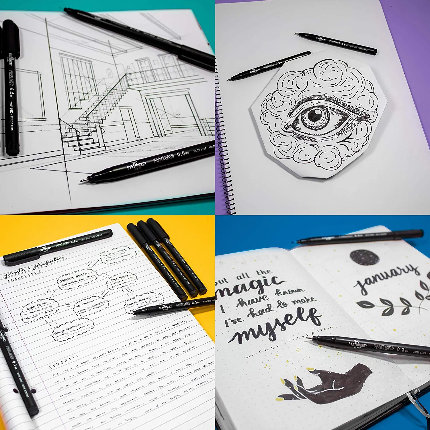 Black Fineliner Pens - Set of 6