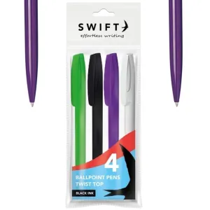 Colourful Twist Black Ink Pens - 4 Pack Retractable Smooth Writing Value